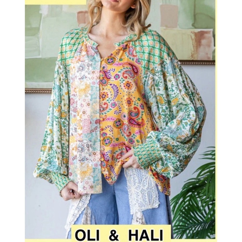 Oli & Hali Patchwork Oversized Balloon Sleeve Button Front Boho Top Multi M